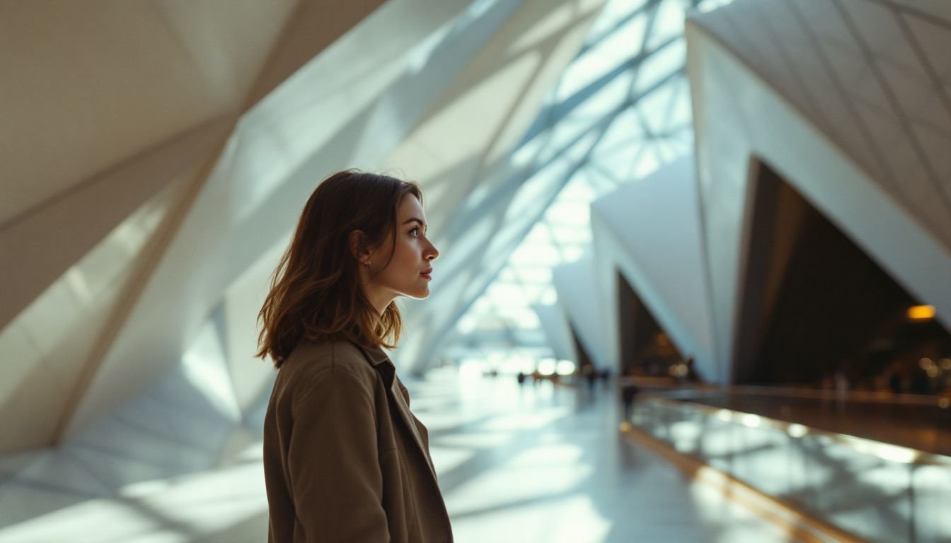 A person stands in the Sydney Opera House corridor, admiring its modern architectural features.