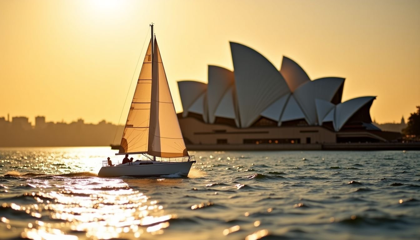 A sailboat with sails resembling the Sydney Opera House sails across a sparkling ocean at sunset.