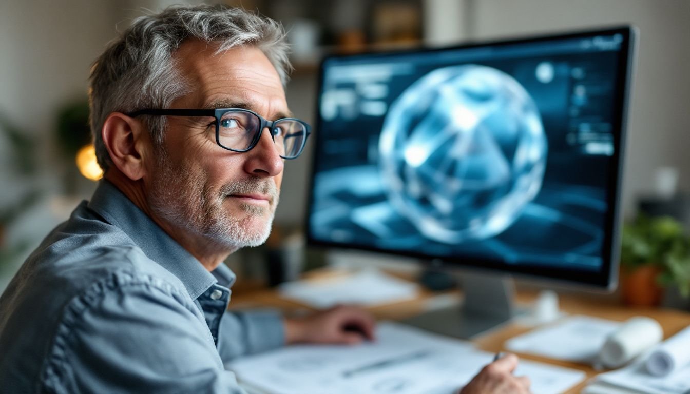 A middle-aged architect studies spherical geometry on a computer screen surrounded by design plans.