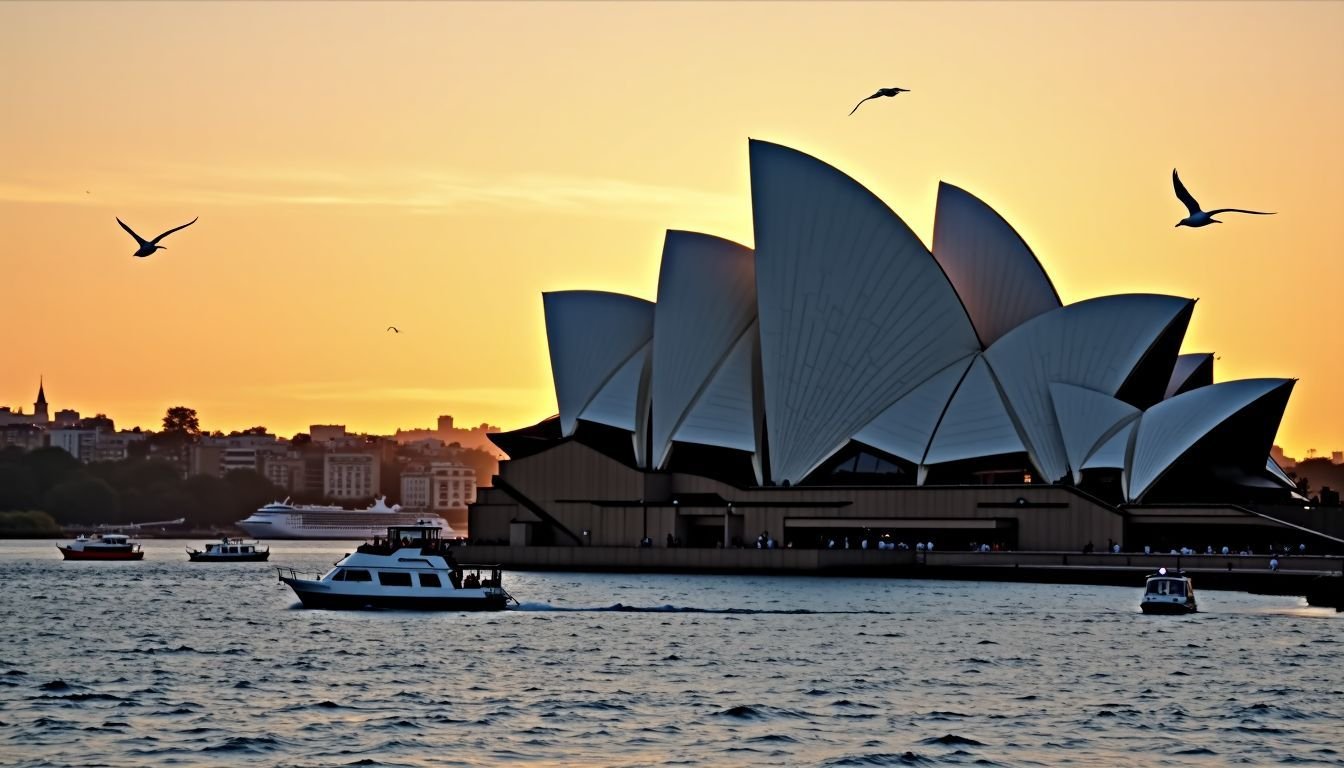 The Sydney Opera House stands against a sunset-lit harbor, showcasing Australia's cultural heritage.