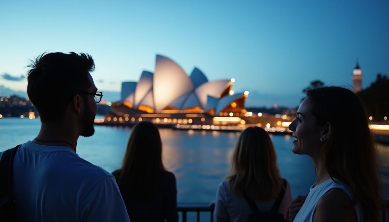 Aerial view of Sydney Opera House at dusk with pedestrians admiring the iconic structure.