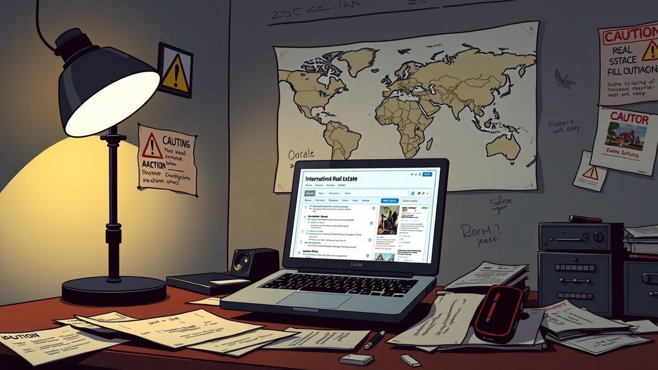 A cluttered desk in a dimly lit room with a laptop displaying an outdated real estate listing.