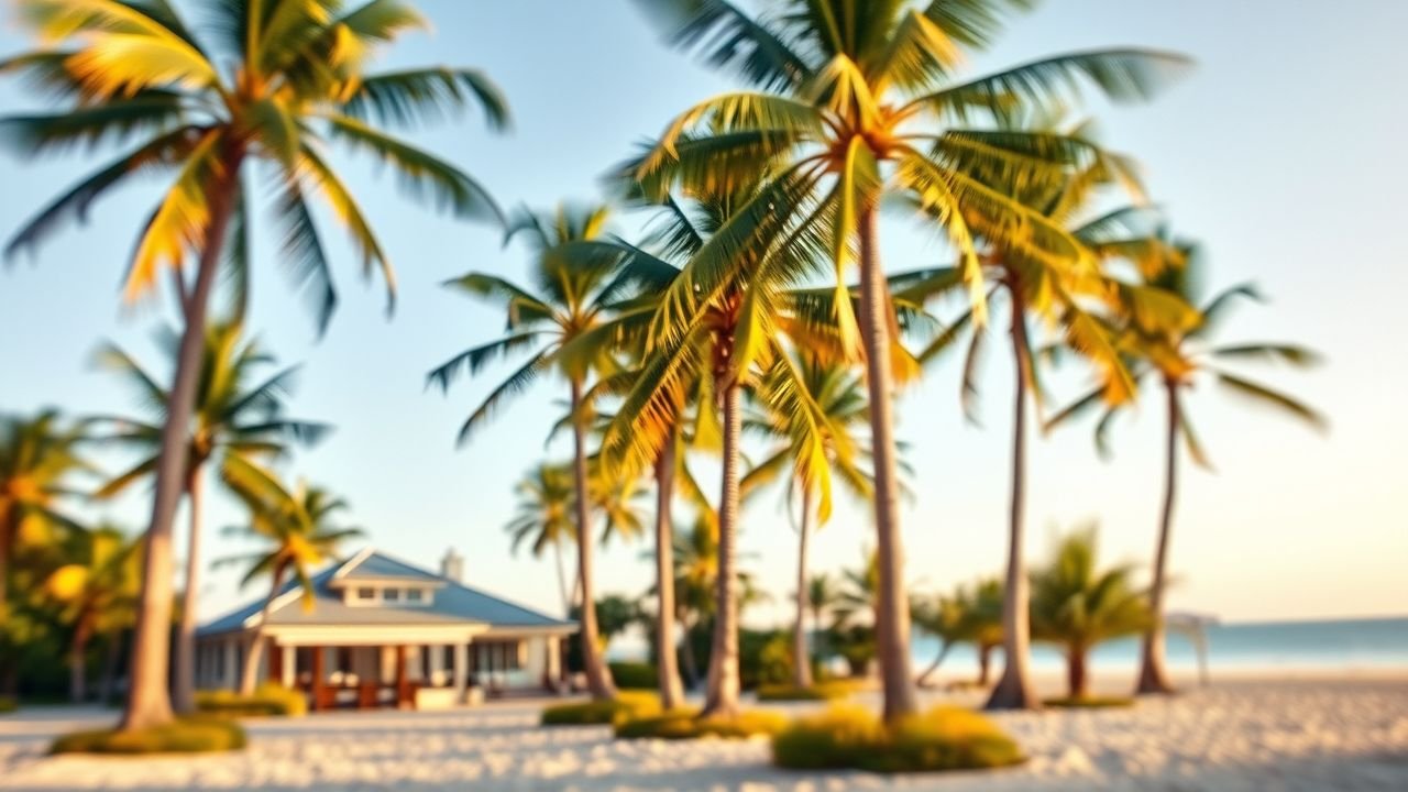 A comic book style image of a tranquil beachfront property surrounded by palm trees evoking a sense of calm and relaxation.