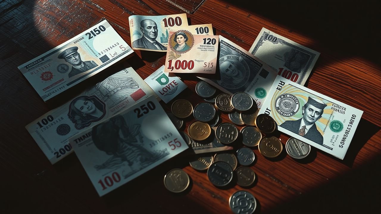 A collection of foreign currency banknotes and coins displayed on a wooden table.