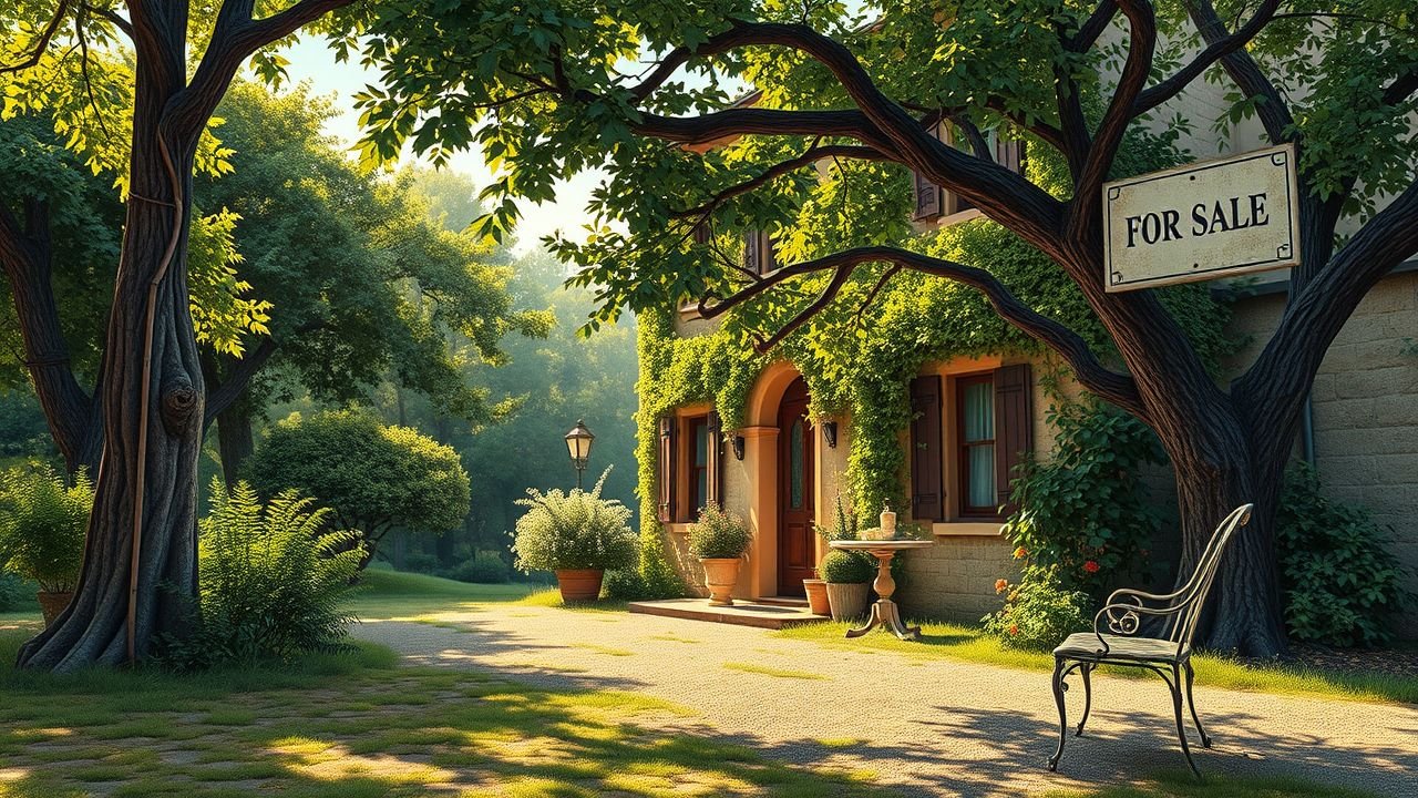 An empty rustic villa with a 'For Sale' sign nestled in lush greenery.