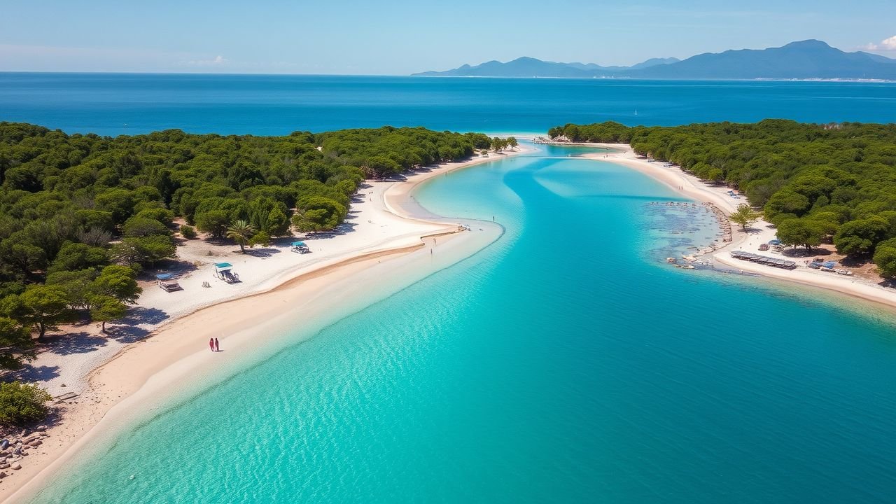 A serene, deserted beach with clear blue water, green trees, and distant mountains.