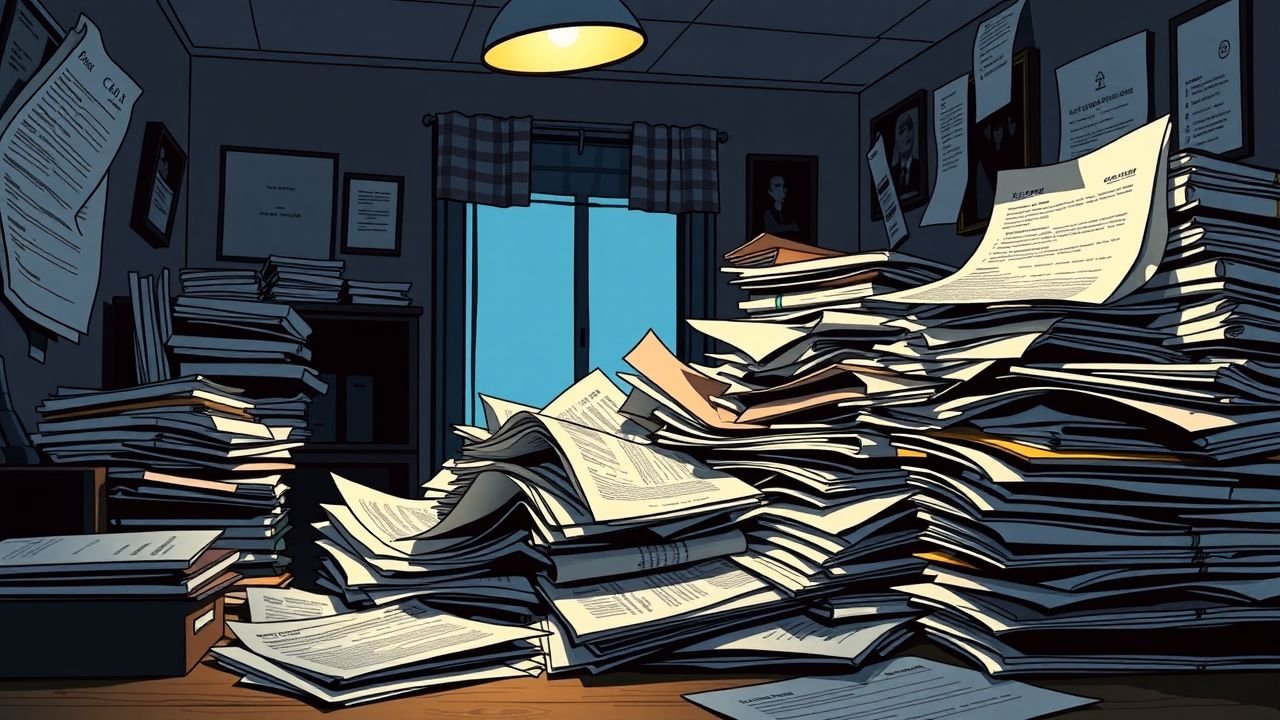 The image depicts a cluttered desk with stacks of legal property paperwork, highlighting its complexity and overwhelming nature.