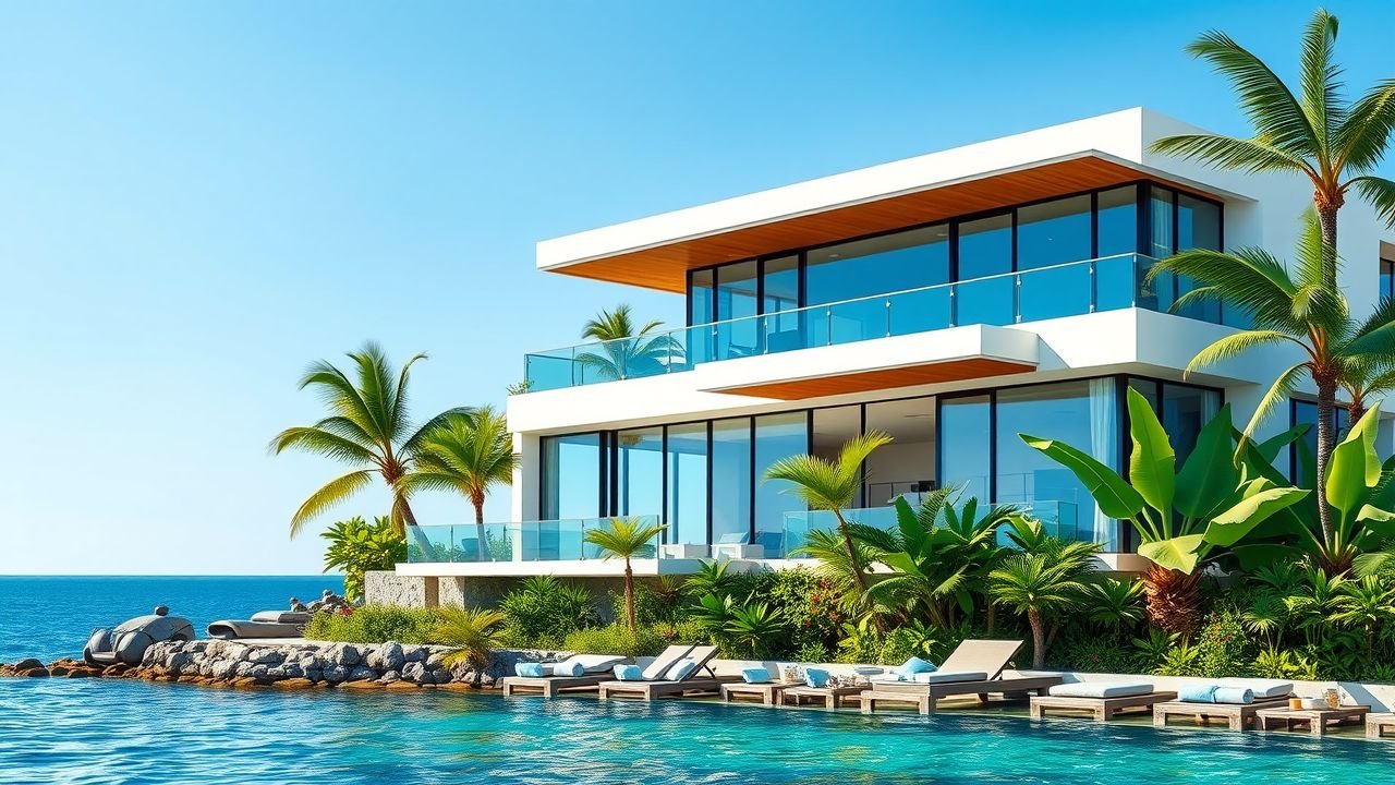 A modern waterfront villa with large glass windows surrounded by tropical plants and overlooking the ocean.