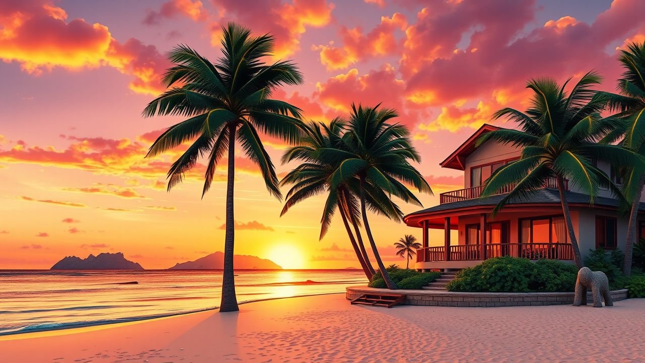 A tropical beachfront villa at sunset with palm trees and clear waters.