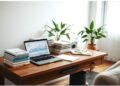 A wooden desk serves as the hub of creativity, featuring a laptop displaying an investment graph. Surrounded by stacked books, a notebook, and lush plants, it's perfectly set in a bright room fostering inspiration and focus.