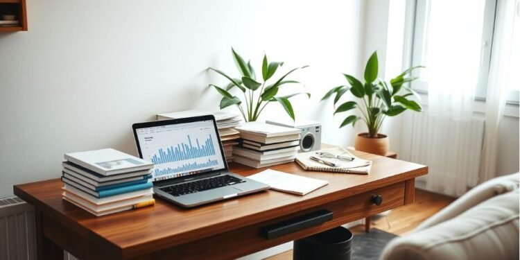 A wooden desk serves as the hub of creativity, featuring a laptop displaying an investment graph. Surrounded by stacked books, a notebook, and lush plants, it's perfectly set in a bright room fostering inspiration and focus.