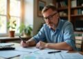 A man with glasses works diligently at a wooden table covered in papers and a calculator, exploring mortgage options. Sunlight streams through the window, casting warm light on the shelves behind him as he delves into the intricate world of home financing.
