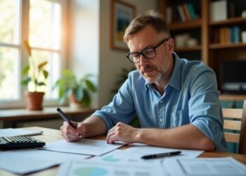 A man with glasses works diligently at a wooden table covered in papers and a calculator, exploring mortgage options. Sunlight streams through the window, casting warm light on the shelves behind him as he delves into the intricate world of home financing.