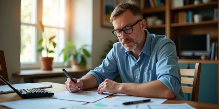 A man with glasses works diligently at a wooden table covered in papers and a calculator, exploring mortgage options. Sunlight streams through the window, casting warm light on the shelves behind him as he delves into the intricate world of home financing.