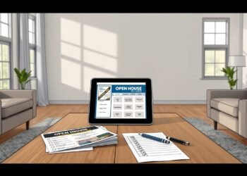 A tablet on a coffee table showcases "Open House," hinting at the use of Open House Apps. Flyers and a pen are scattered around, suggesting tech-savvy agents ready for more leads. Two sofas and small plants add charm in the background, while large windows flood the space with light.