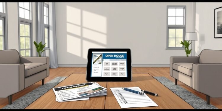 A tablet on a coffee table showcases "Open House," hinting at the use of Open House Apps. Flyers and a pen are scattered around, suggesting tech-savvy agents ready for more leads. Two sofas and small plants add charm in the background, while large windows flood the space with light.