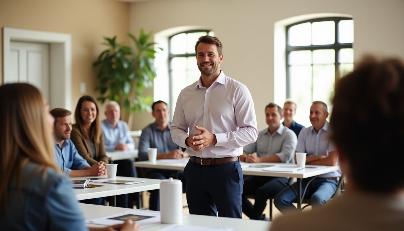 A real estate agent leads a home-buying seminar with engaged participants at a community center.