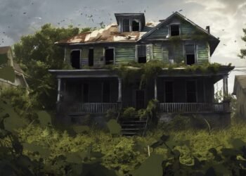 Dilapidated two-story house with boarded windows, overgrown with vines and vegetation, under a cloudy sky.