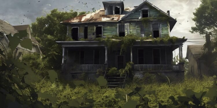 Dilapidated two-story house with boarded windows, overgrown with vines and vegetation, under a cloudy sky.