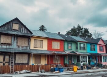 Row of colorful houses under renovation, with ladders and construction materials visible. Overcast sky in the background.