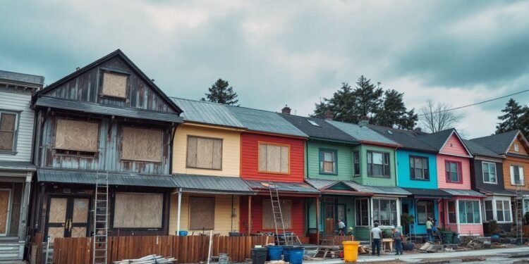 Row of colorful houses under renovation, with ladders and construction materials visible. Overcast sky in the background.