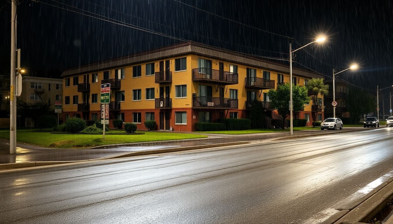 A rundown apartment complex with 'For Rent' signs and neglected landscaping on a city street at night.