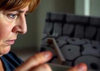 Person holding and looking at a blurry photograph in a room with a serious expression.