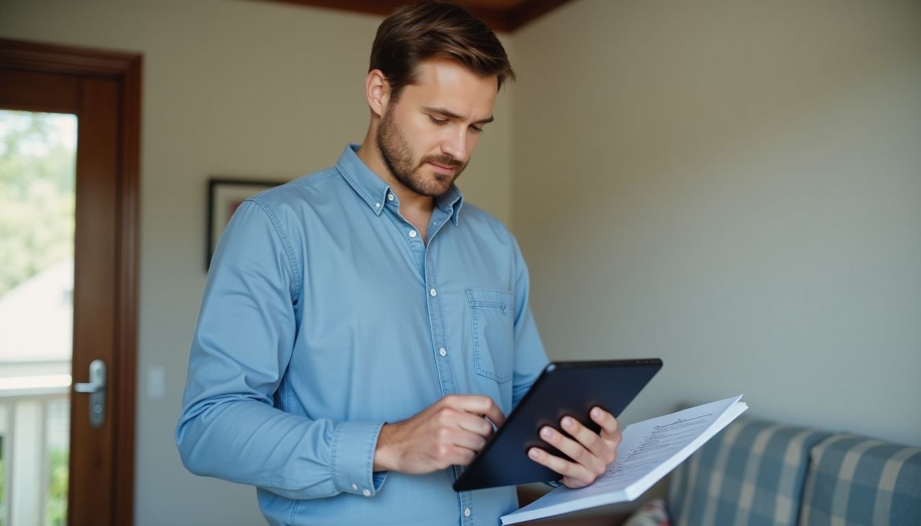 A home inspector using a tablet to check the HVAC system in a residential setting.