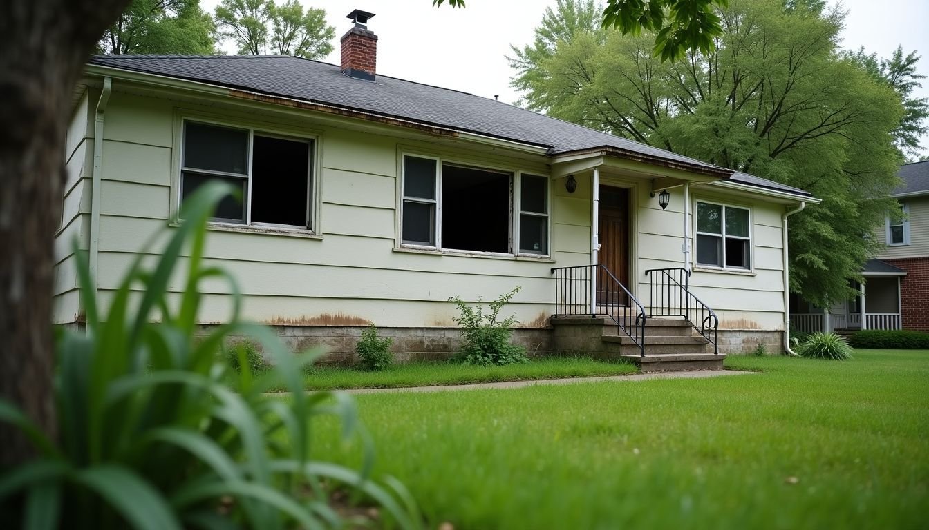 A neglected suburban house with overgrown grass and broken windows suggests a potential fix-and-flip opportunity.