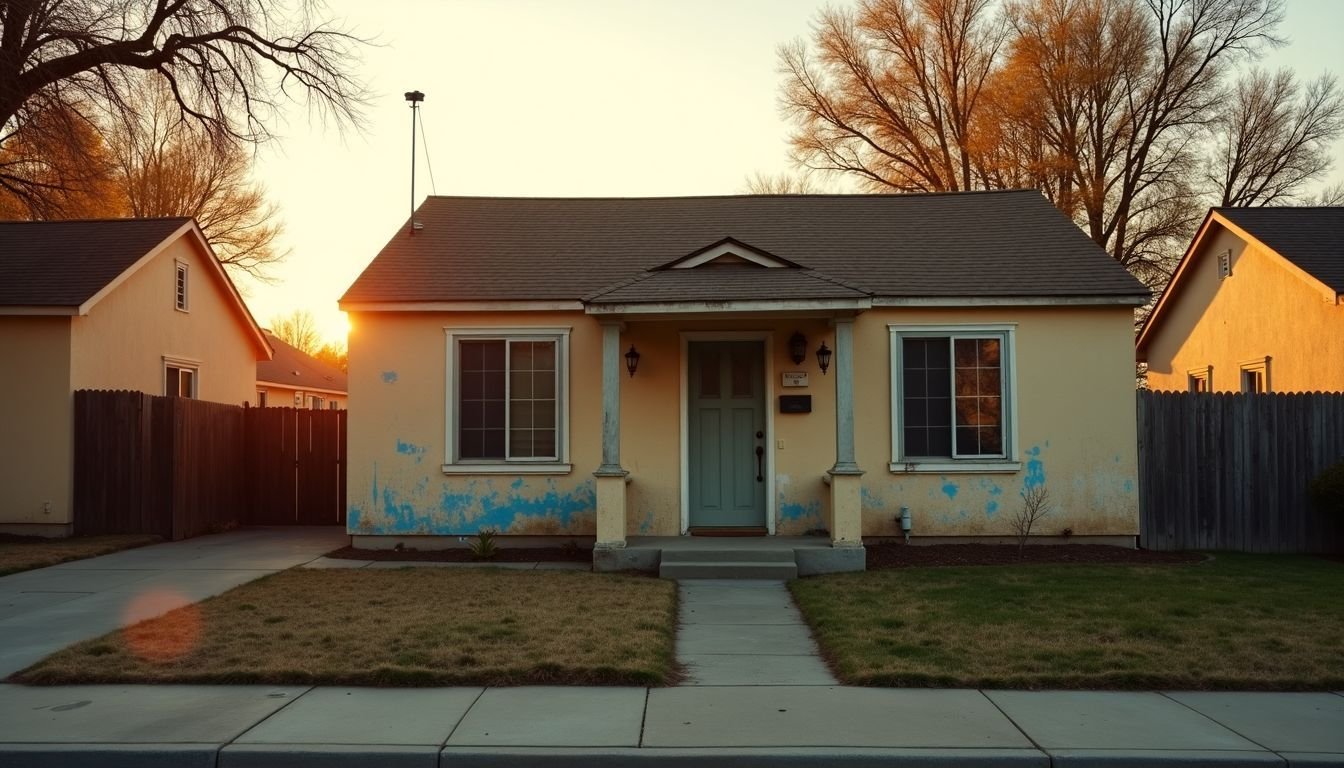 An old, worn-down home in Fresno, California surrounded by affordable fixer-upper houses.