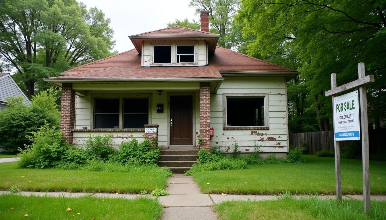 An abandoned suburban house with overgrown grass and broken windows is for sale.