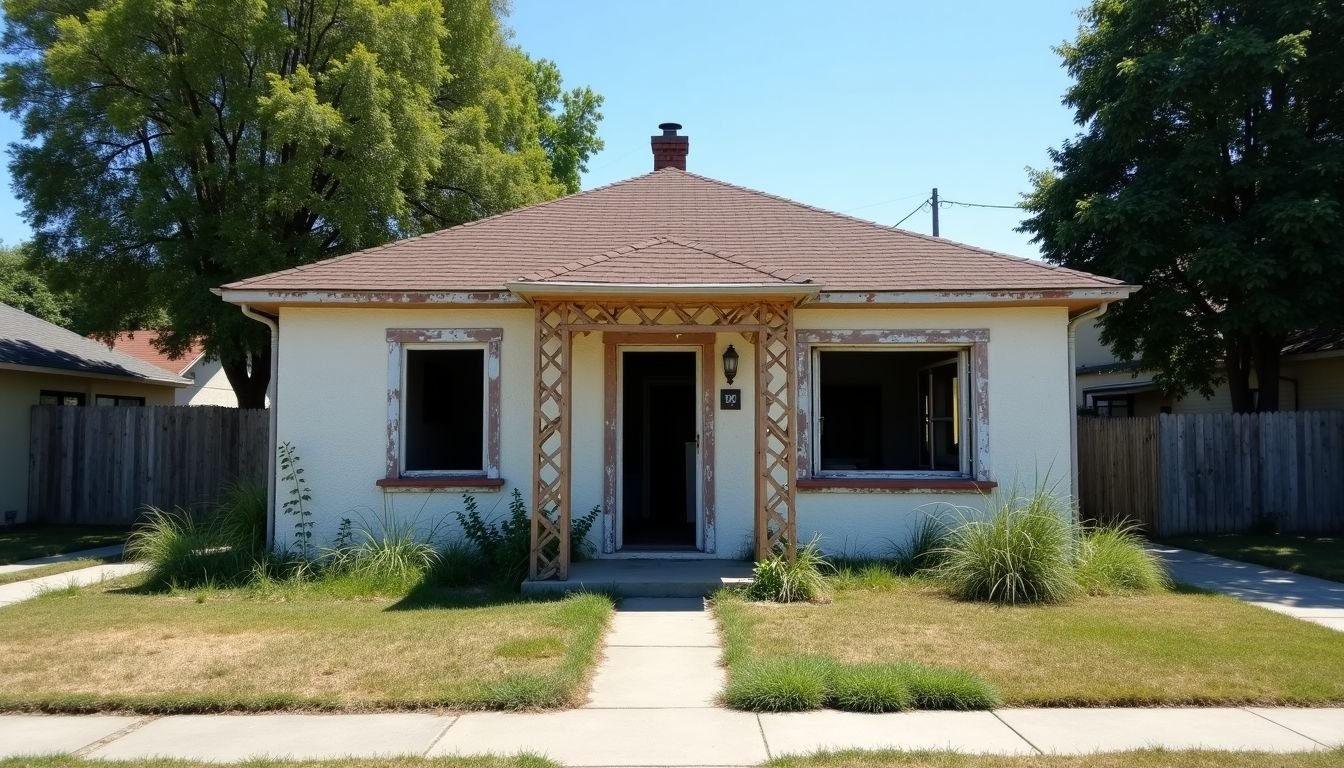 An old, rundown house in Sacramento with peeling paint, broken windows, and overgrown weeds.