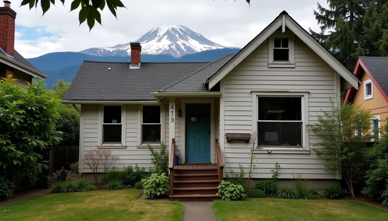 A craftsman home in Tacoma's historic North End neighborhood with peeling paint and overgrown plants, and Mount Rainier in the background.