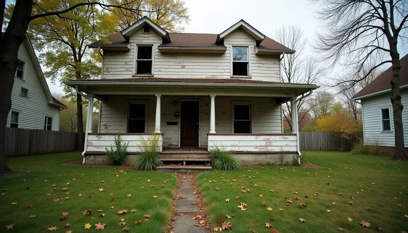 The image shows a neglected, rundown house with peeling paint and an overgrown yard.