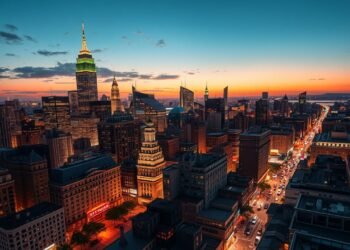 A city skyline at sunset showcases illuminated skyscrapers and a bustling street below, capturing the vibrant energy of one of the hottest US cities. As you witness this dynamic urban scene, it's clear why it's a top choice in moving trends today.