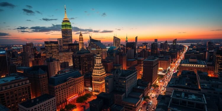 A city skyline at sunset showcases illuminated skyscrapers and a bustling street below, capturing the vibrant energy of one of the hottest US cities. As you witness this dynamic urban scene, it's clear why it's a top choice in moving trends today.