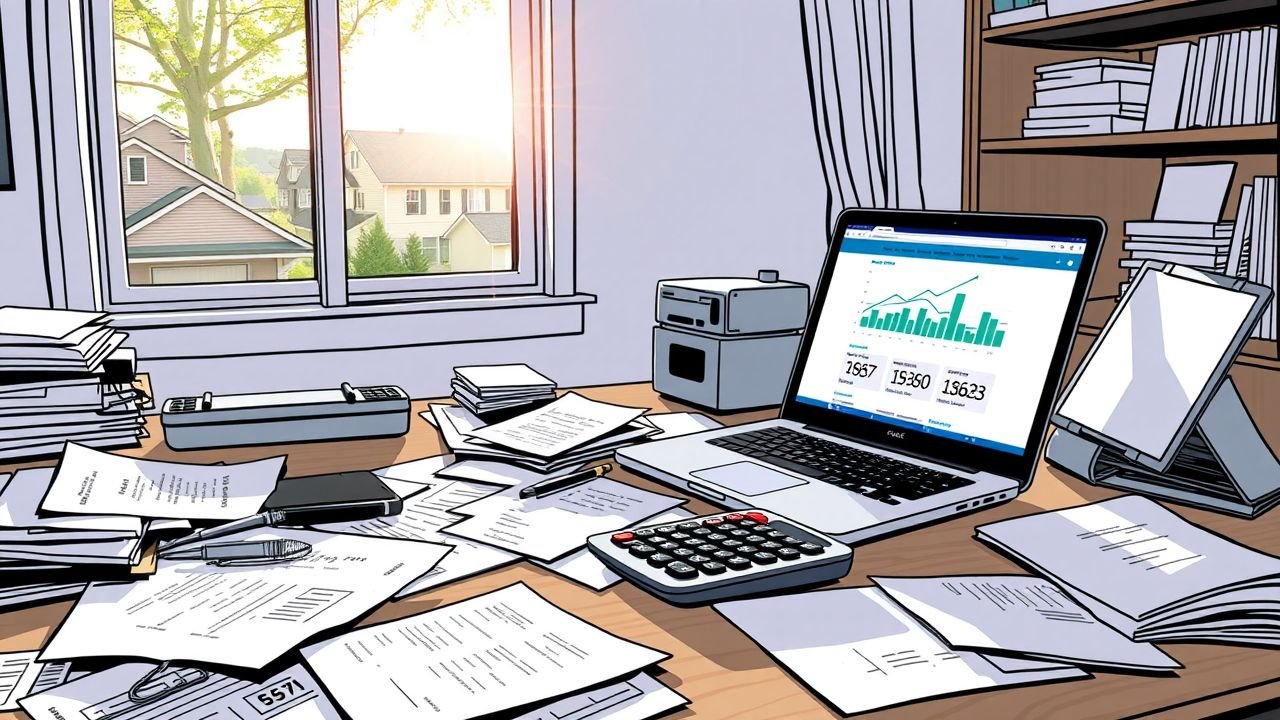 A cluttered home office desk with paperwork, a calculator, and a laptop displaying financial information.