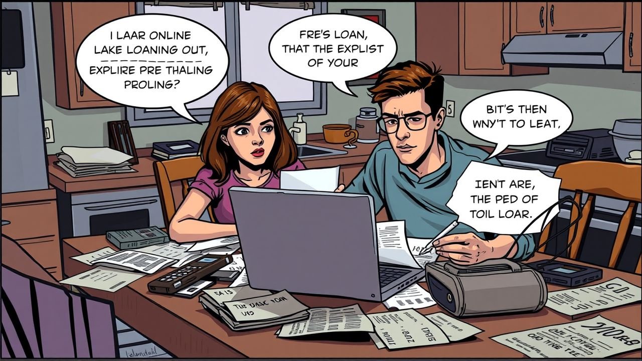 A young couple sitting at a cluttered kitchen table, reviewing financial documents and exploring online loan options on a laptop.