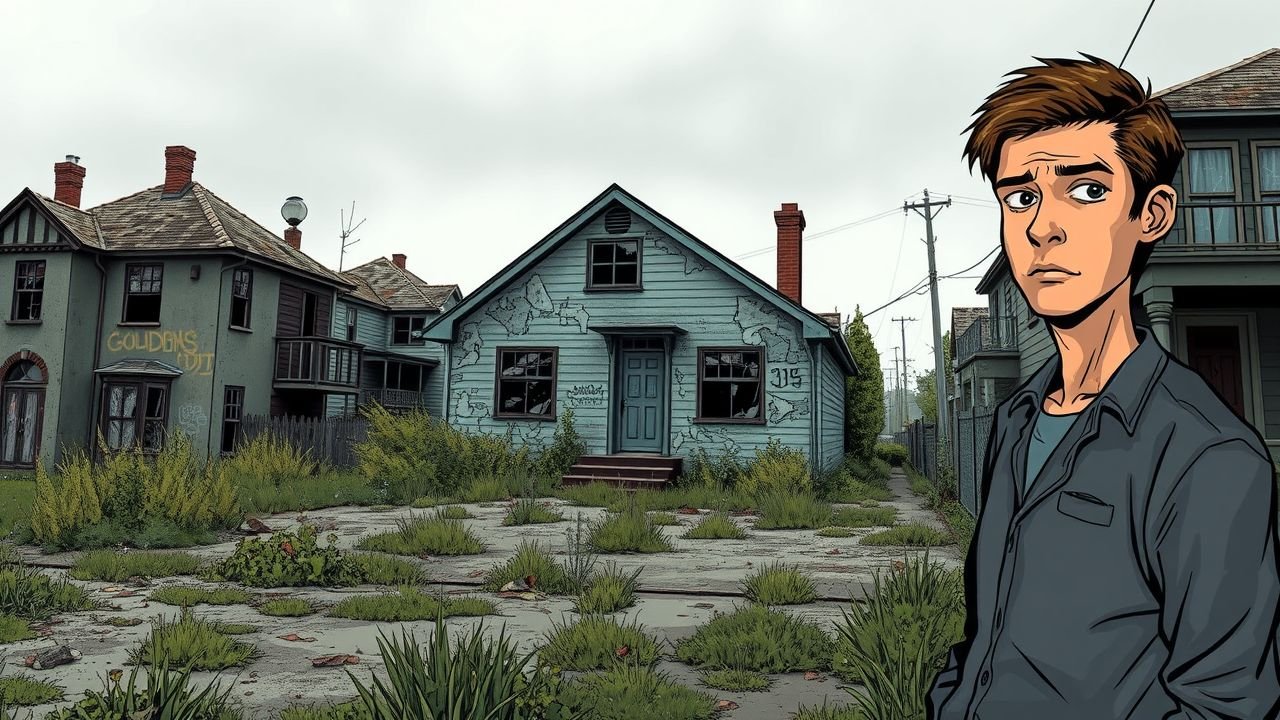 The image depicts a neglected, run-down urban neighborhood with abandoned houses and overgrown weeds.