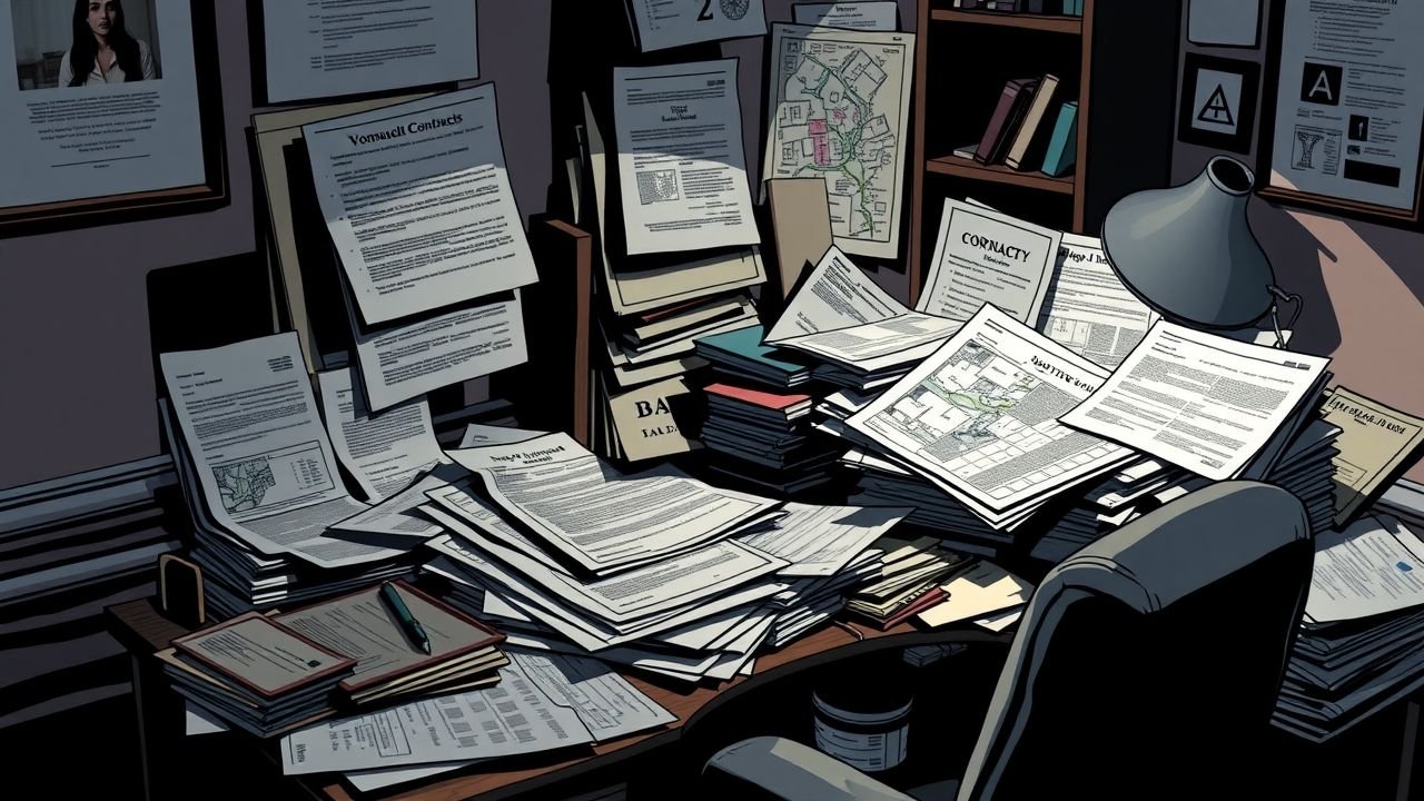 The cluttered home office desk is covered with legal documents, contracts, zoning maps, and tax forms, reflecting a sense of urgency.