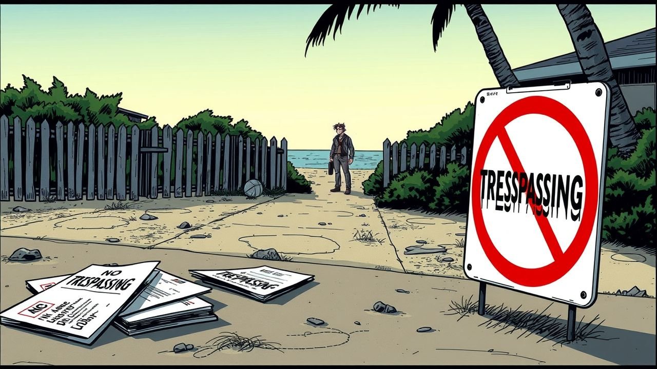 A beachside property with a 'No Trespassing' sign and legal documents, being watched from a distance.