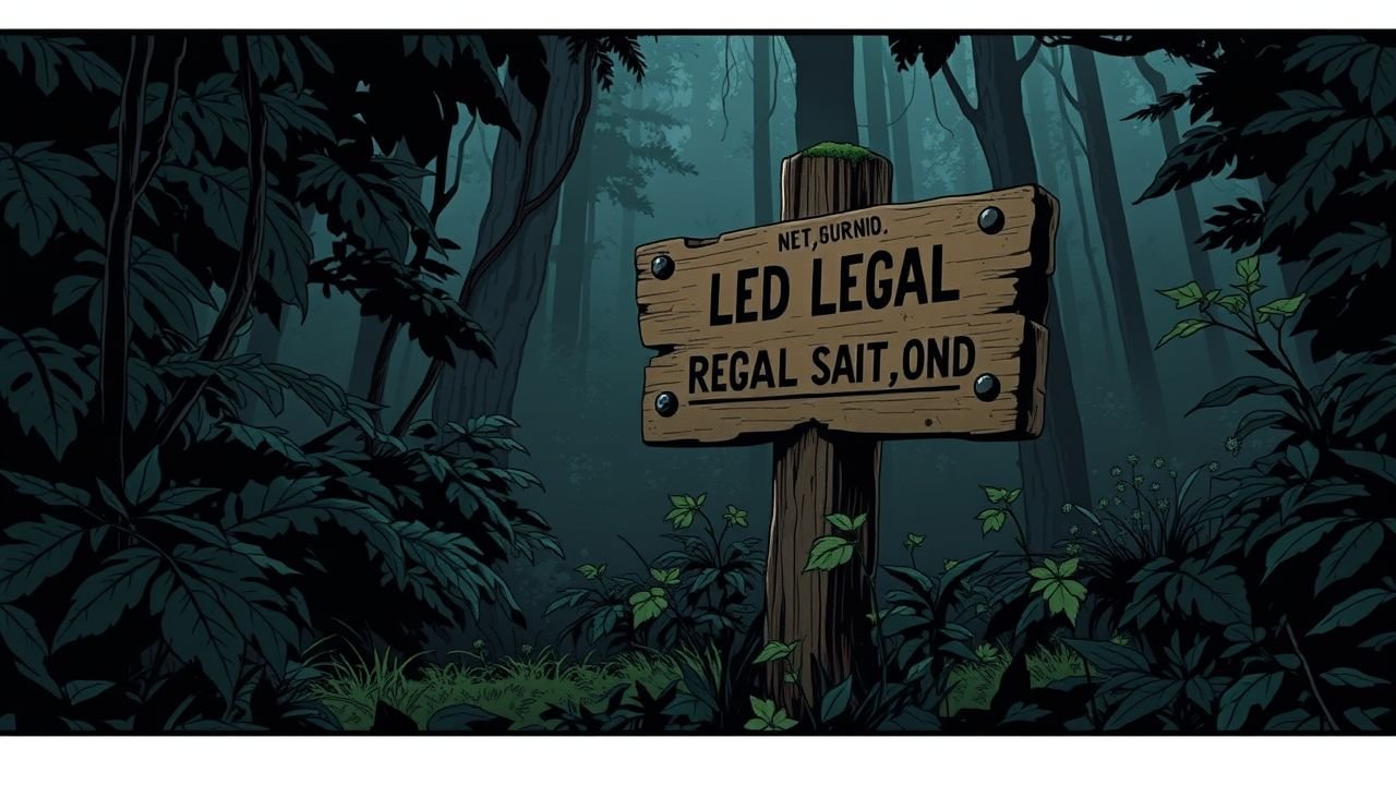 A weathered wooden signpost stands in a dimly lit forest clearing, surrounded by thick, overgrown greenery.