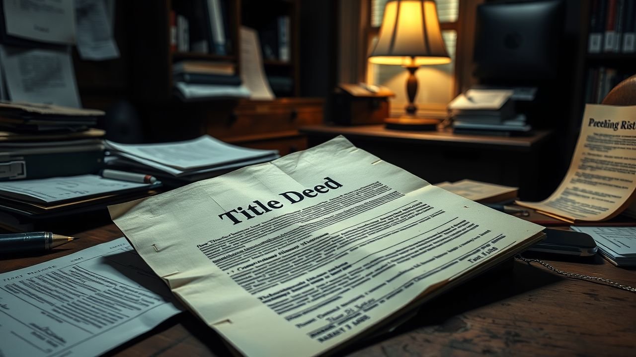 The image shows a close-up of a title deed on a cluttered desk.