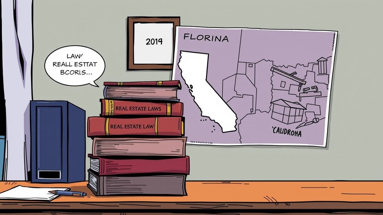 The image shows real estate law books and a map representing different state laws.