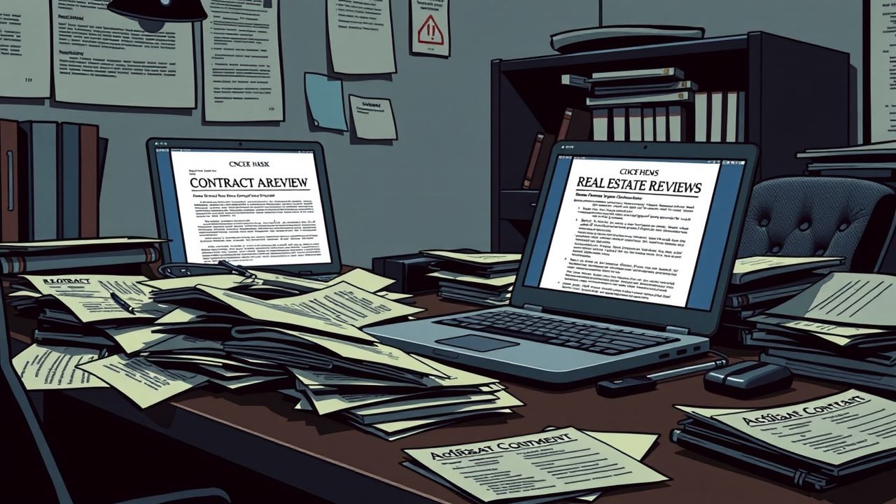 An office desk cluttered with legal documents and a laptop displaying a real estate agreement, creating a tense work atmosphere.