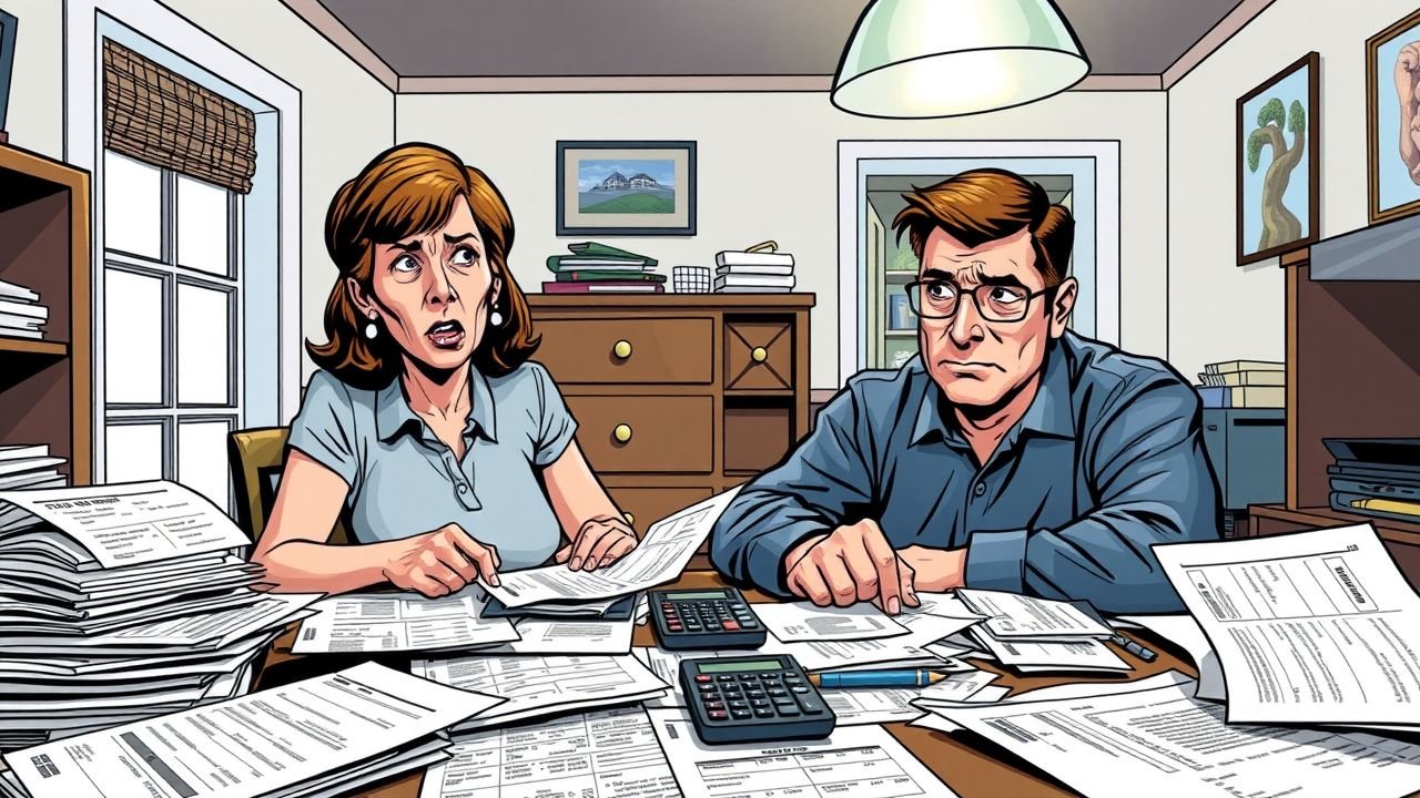 A couple looks stressed and overwhelmed while working on their taxes and financial documents at their cluttered dining table.