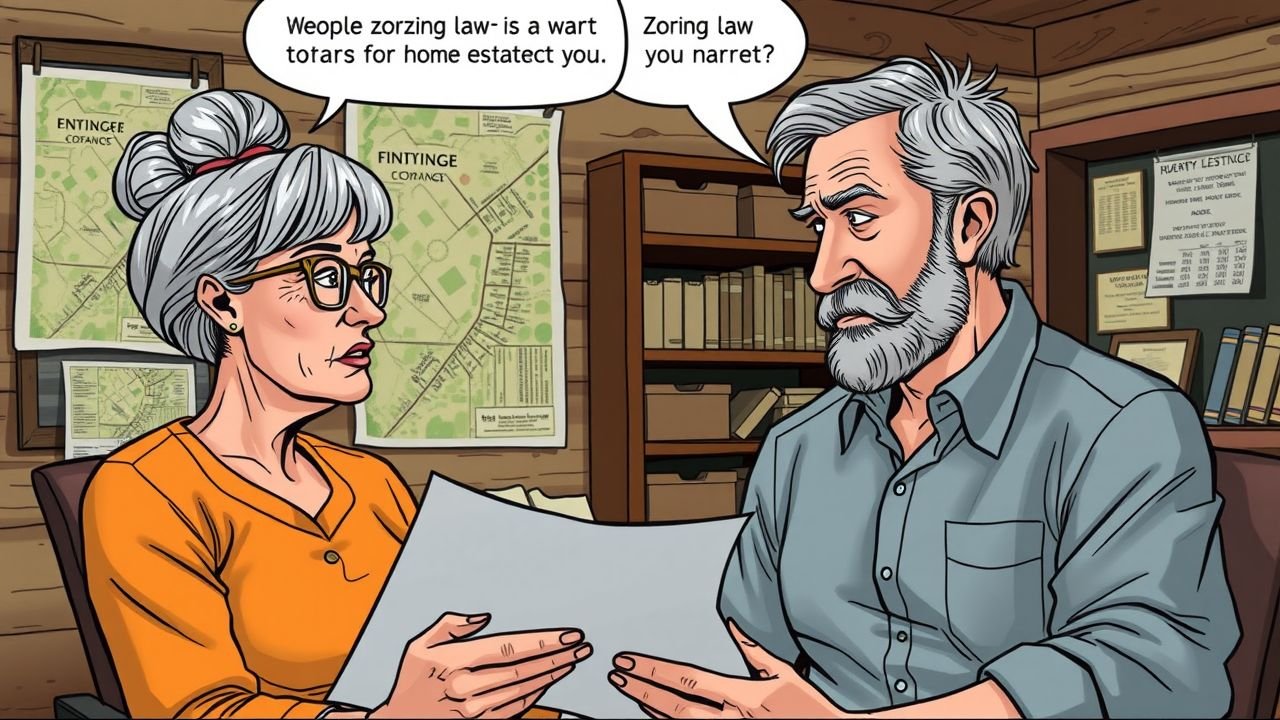 Elderly couple in rustic home office discussing zoning laws and real estate.