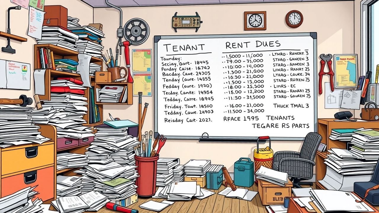 The image depicts a cluttered office space managing rental properties and tenants' rent due dates.