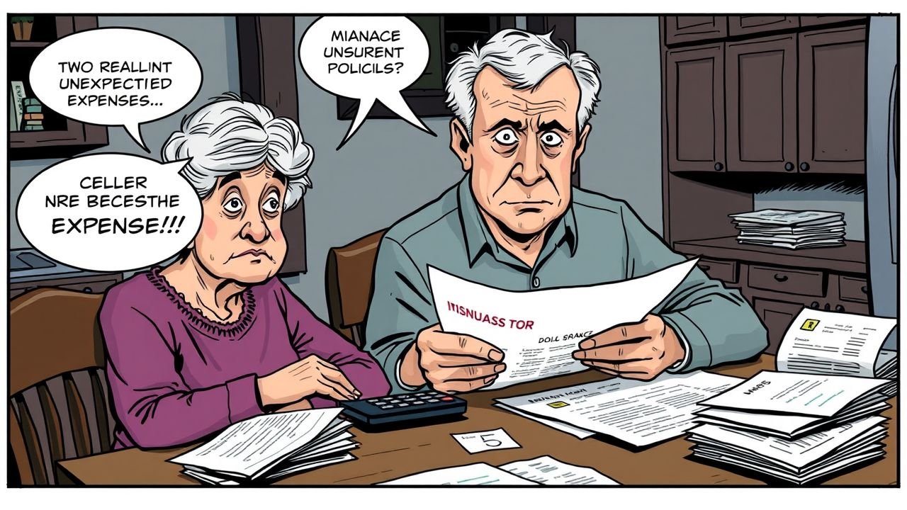 A worried elderly couple reviews their insurance and finances at the kitchen table.