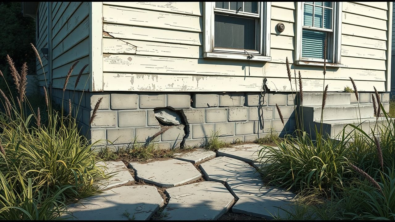 An neglected property with a cracked foundation, overgrown weeds, and water damage.